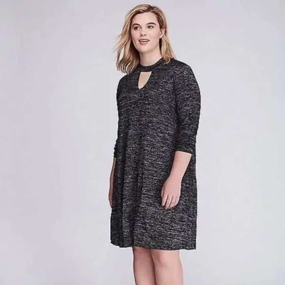 Lane Bryant Marled Gray Mock Neck 3/4 Sleeve Dress Keyhole Plus Size 14 16 L XL